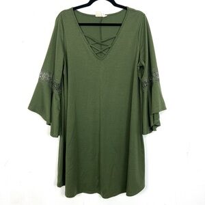 Just Found Knit Dress Olive Green Lace Insert Bell Sleeve Strappy V-Neck 2X
